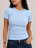 Short Sleeve Crew Neck Ribbed Top – Pastel Blue Top CIZARO - Cizaro Jeans