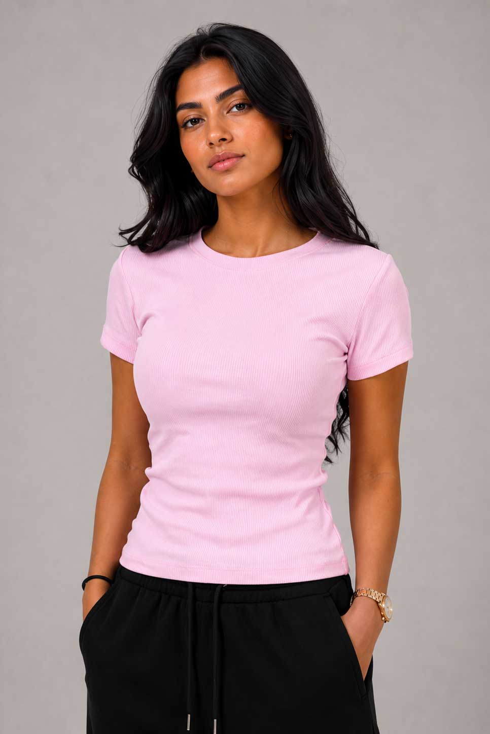 Short Sleeve Crew Neck Ribbed Top – Pink