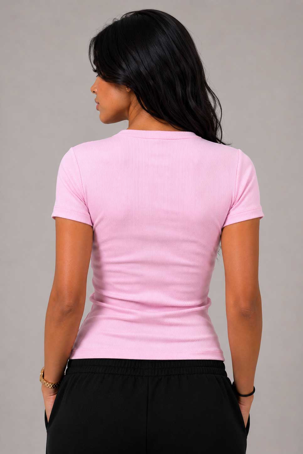 Short Sleeve Crew Neck Ribbed Top – Pink