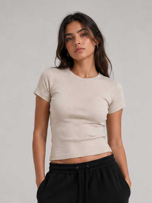 Short Sleeve Crew Neck Ribbed Top – Beige Top CIZARO - Cizaro Jeans