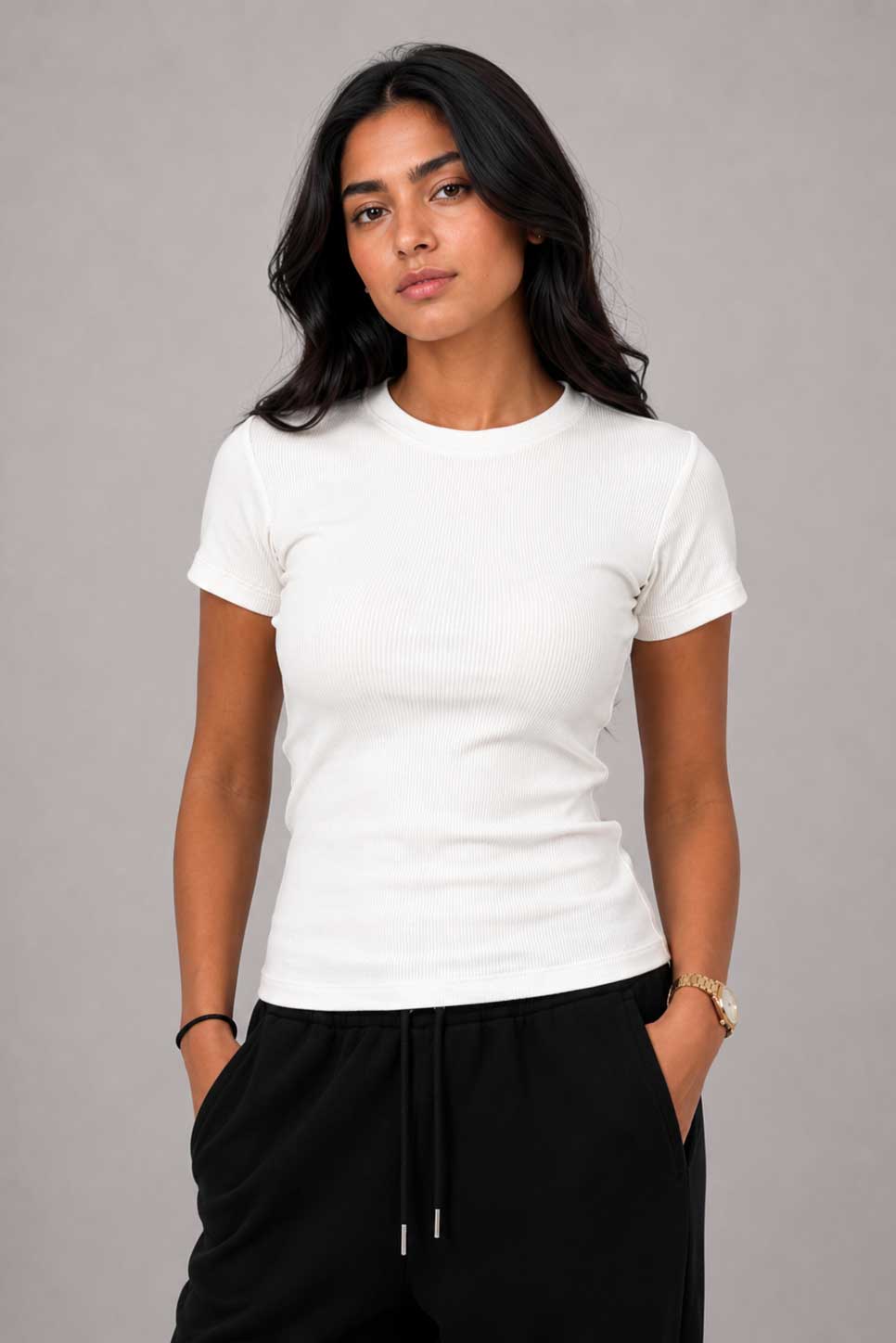 Short Sleeve Crew Neck Ribbed Top – White