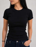Short Sleeve Crew Neck Ribbed Top – Black Top CIZARO - Cizaro Jeans