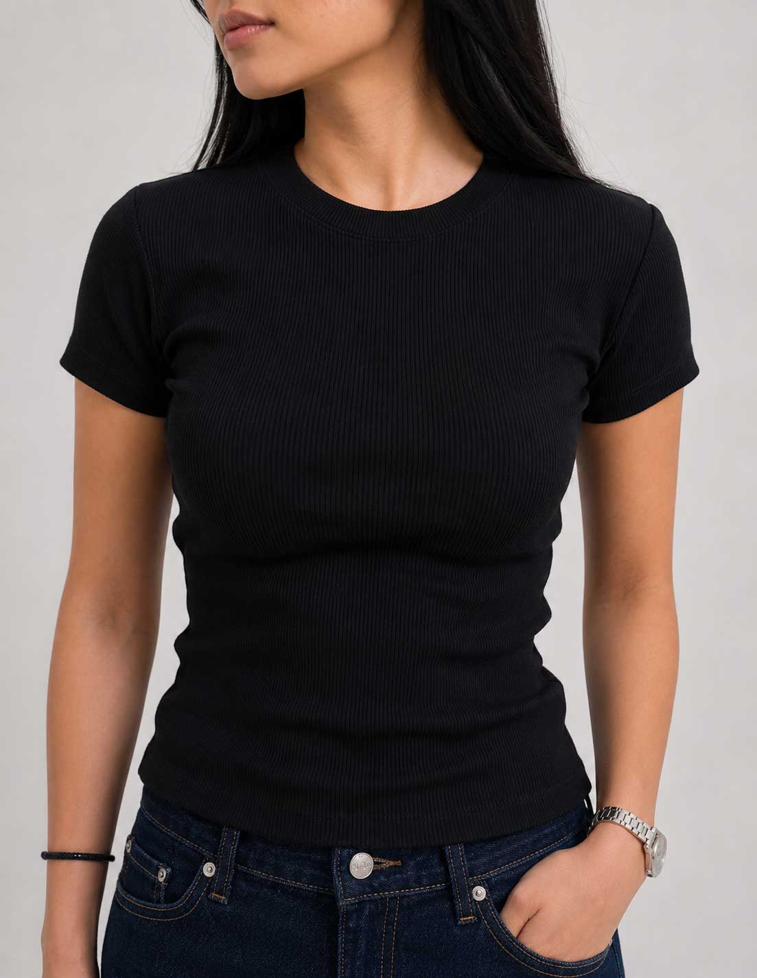 Short Sleeve Crew Neck Ribbed Top – Black