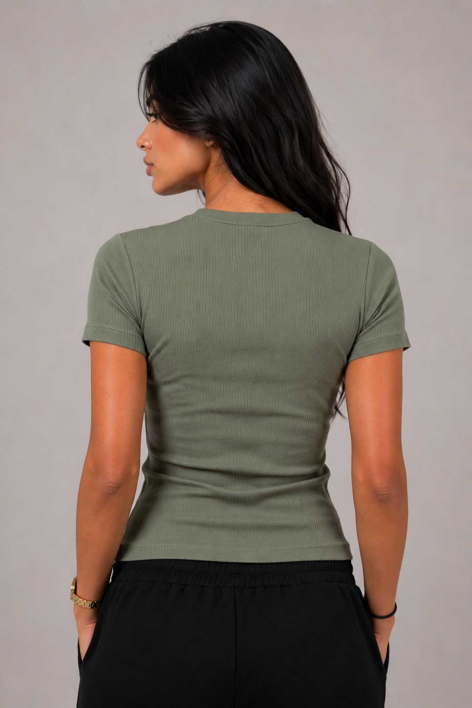 Short Sleeve Crew Neck Ribbed Top – Olive