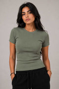 Short Sleeve Crew Neck Ribbed Top – Olive