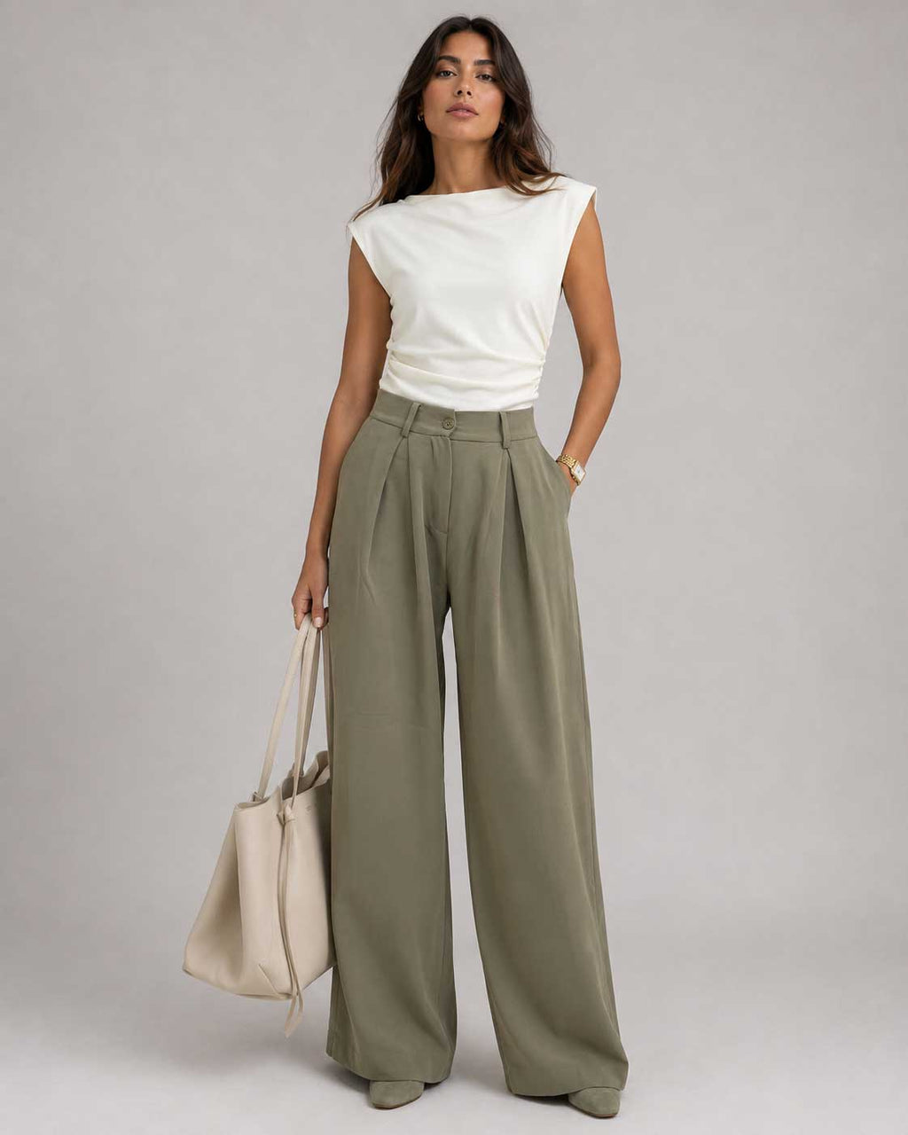 Wide Tailored Trousers – Olive Wide Tailored CIZARO - Cizaro Jeans