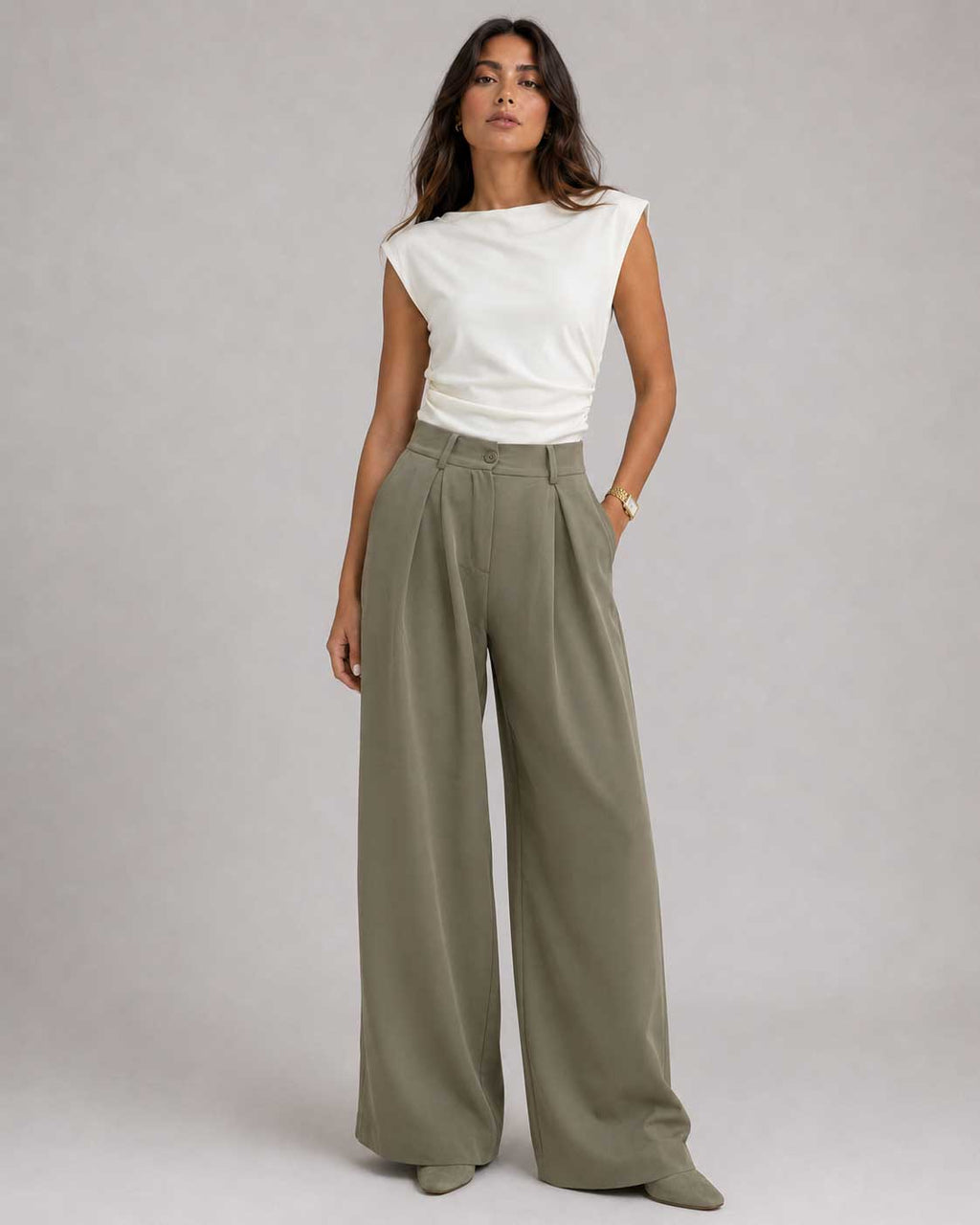 Wide Tailored Trousers – Olive Wide Tailored CIZARO - Cizaro Jeans