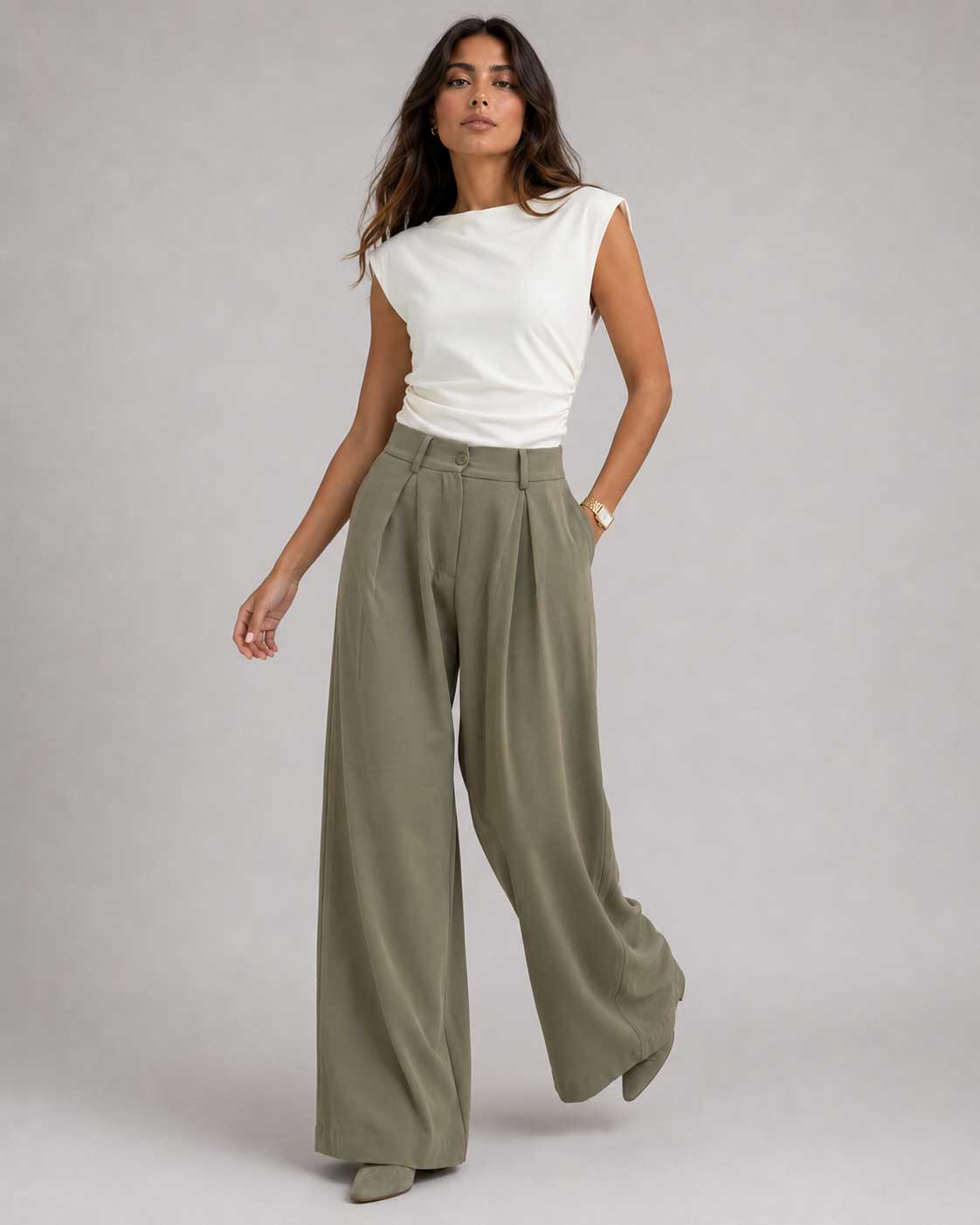 Wide Tailored Trousers – Olive Wide Tailored CIZARO - Cizaro Jeans