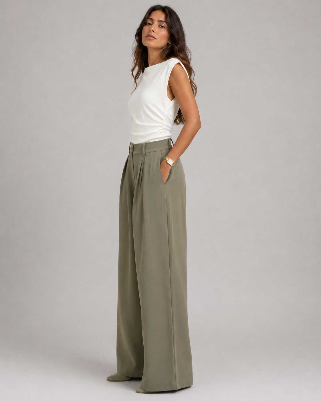 Wide Tailored Trousers – Olive Wide Tailored CIZARO - Cizaro Jeans