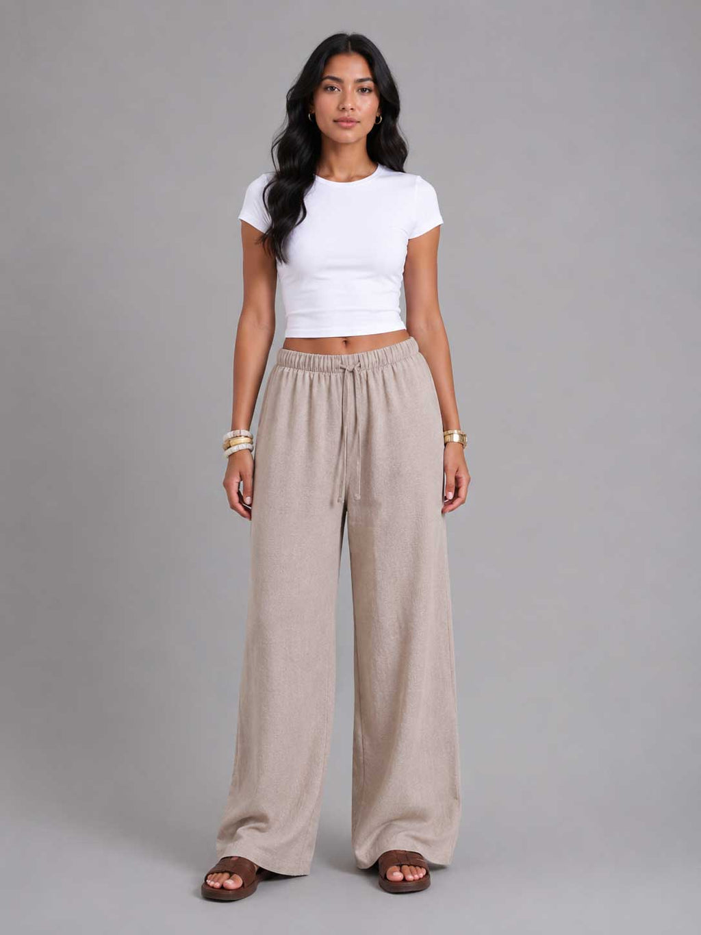 Wide Leg Pants – Linen Effect Soft Sand T-shirt CIZARO - Cizaro Jeans