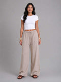 Wide Leg Pants – Linen Effect Soft Sand T-shirt CIZARO - Cizaro Jeans