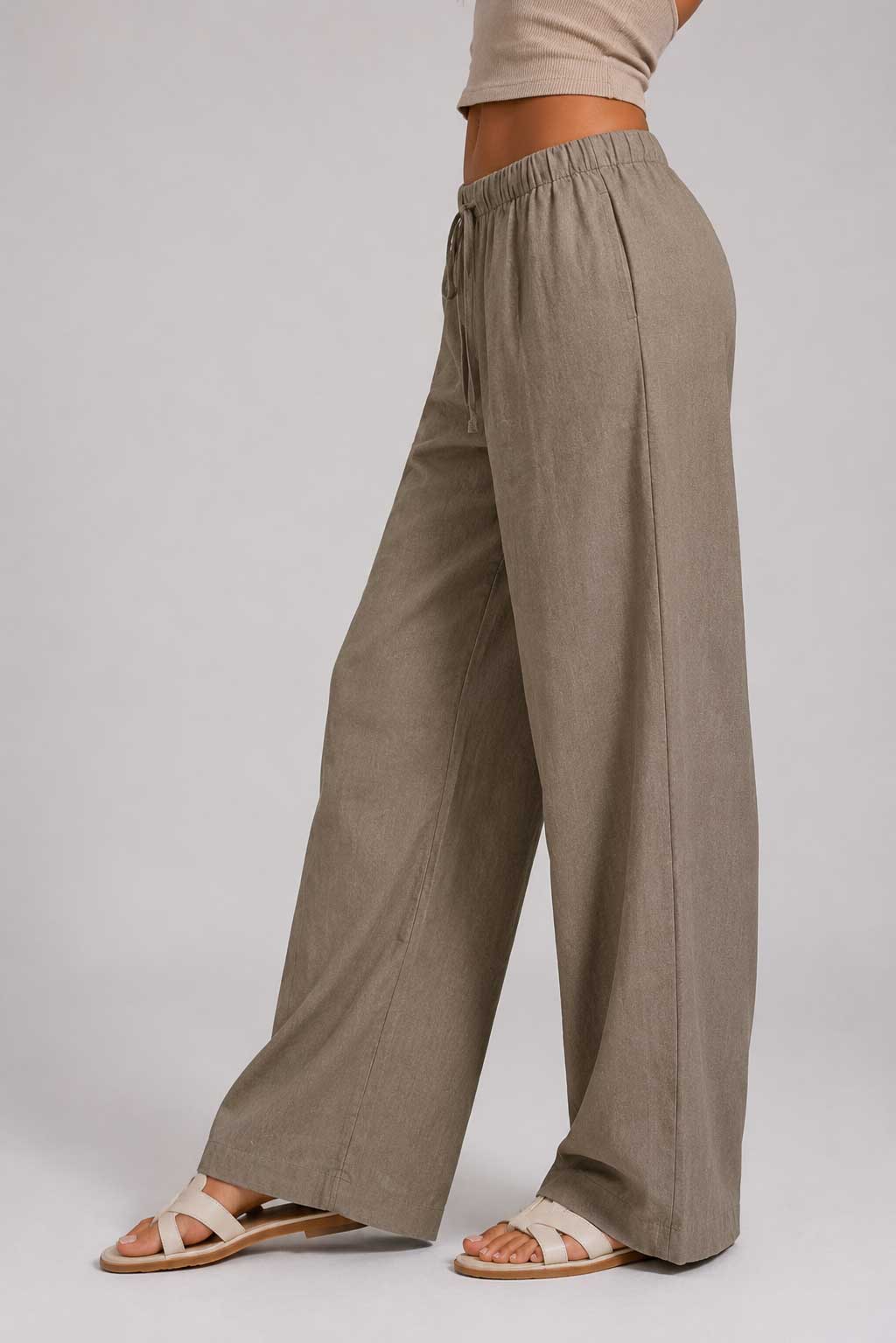 Linen Wide Leg Drawstring Trousers | Taupe Wide-leg CIZARO - Cizaro Jeans