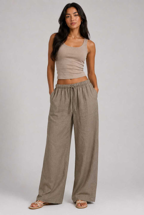 Linen Wide Leg Drawstring Trousers | Taupe Wide-leg CIZARO - Cizaro Jeans