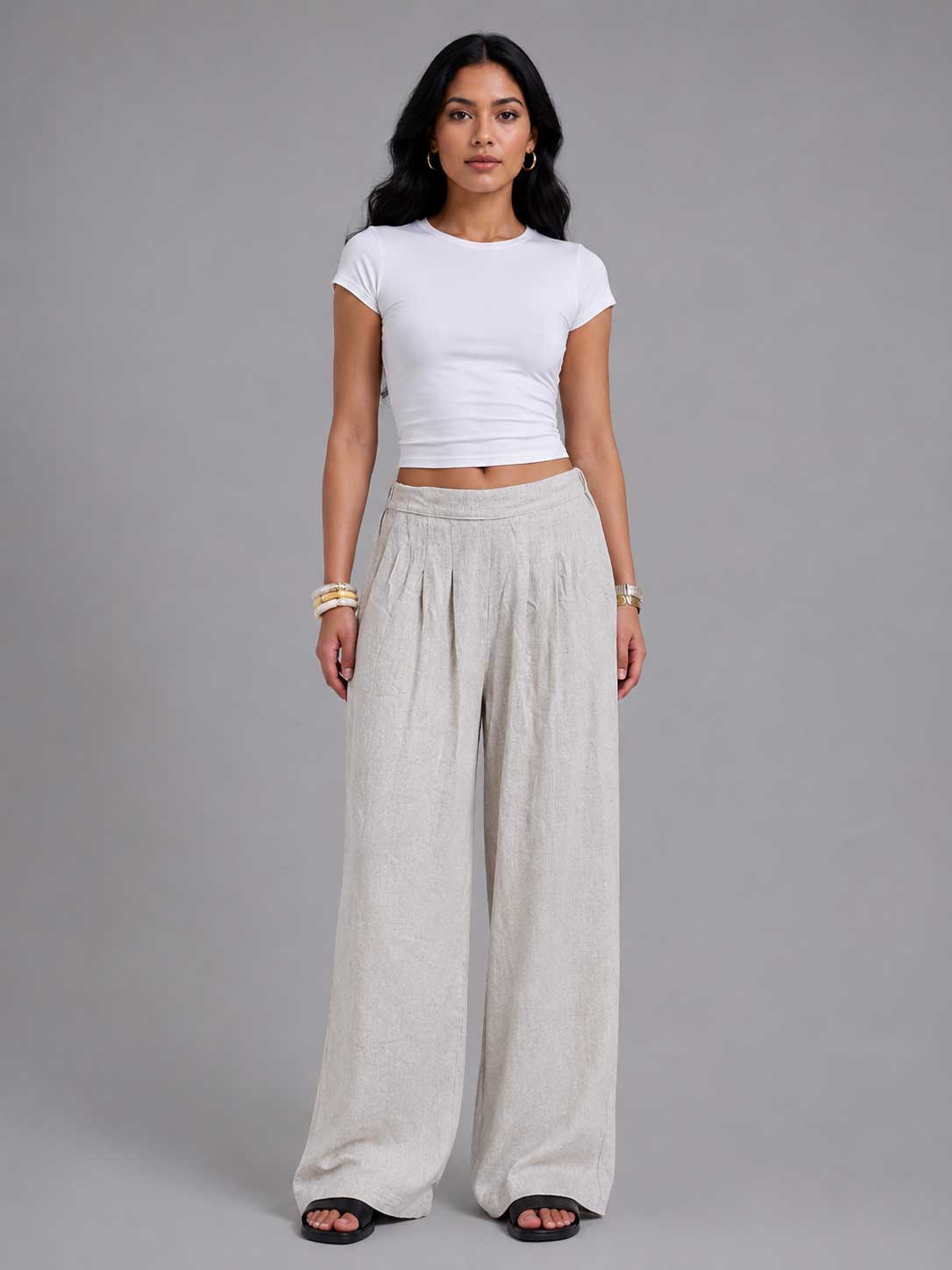 Linen Wide-Leg Pleated Trousers – Natural Beige linen pants CIZARO - Cizaro Jeans