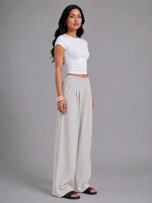 Linen Wide-Leg Pleated Trousers – Natural Beige
