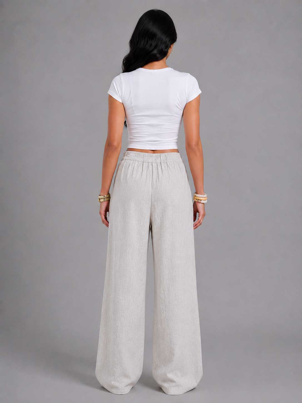 Linen Wide-Leg Pleated Trousers – Natural Beige linen pants CIZARO - Cizaro Jeans