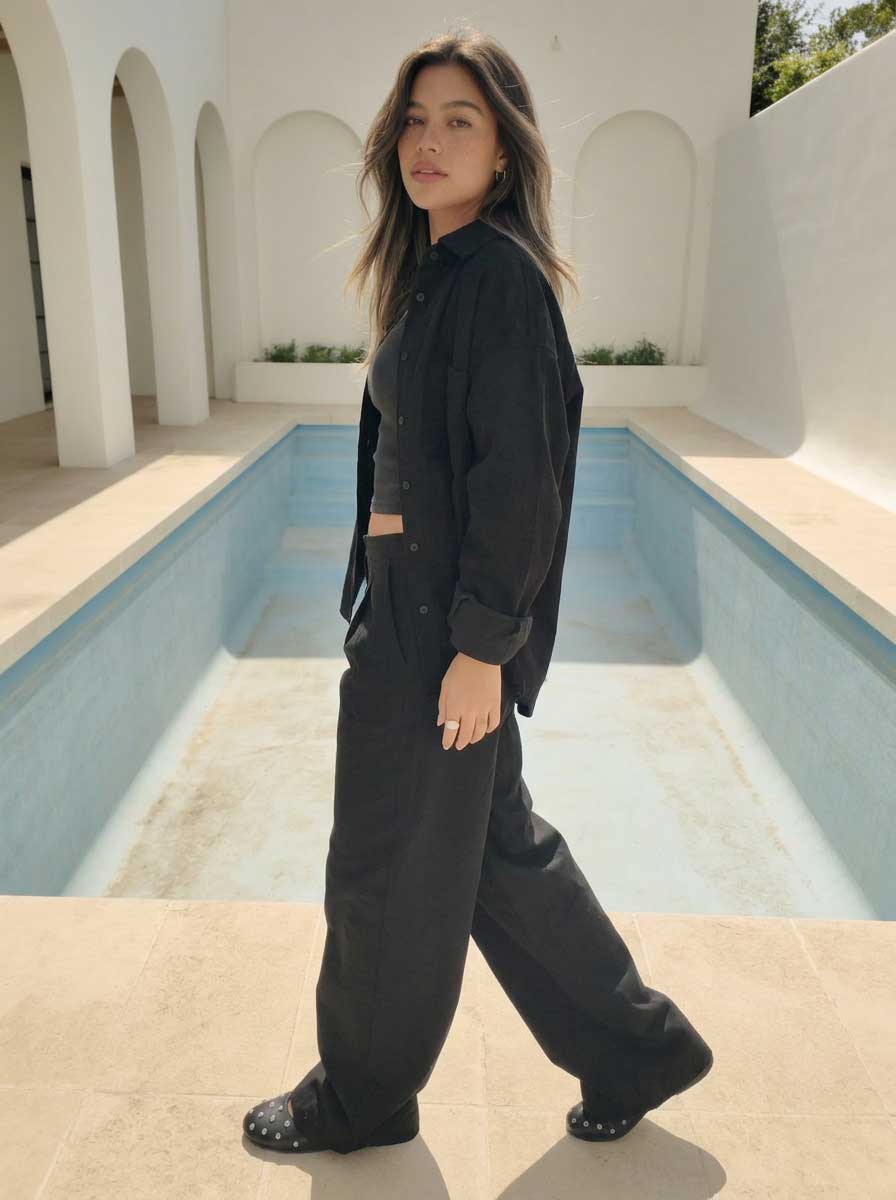 Deep Black Wide-Leg Trousers – Linen Effect Non denim pants - linen pants - Summer collection CIZARO - Cizaro Jeans