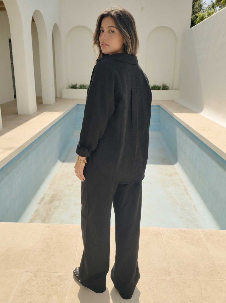 Deep Black Wide-Leg Trousers – Linen Effect Non denim pants - linen pants - Summer collection CIZARO - Cizaro Jeans