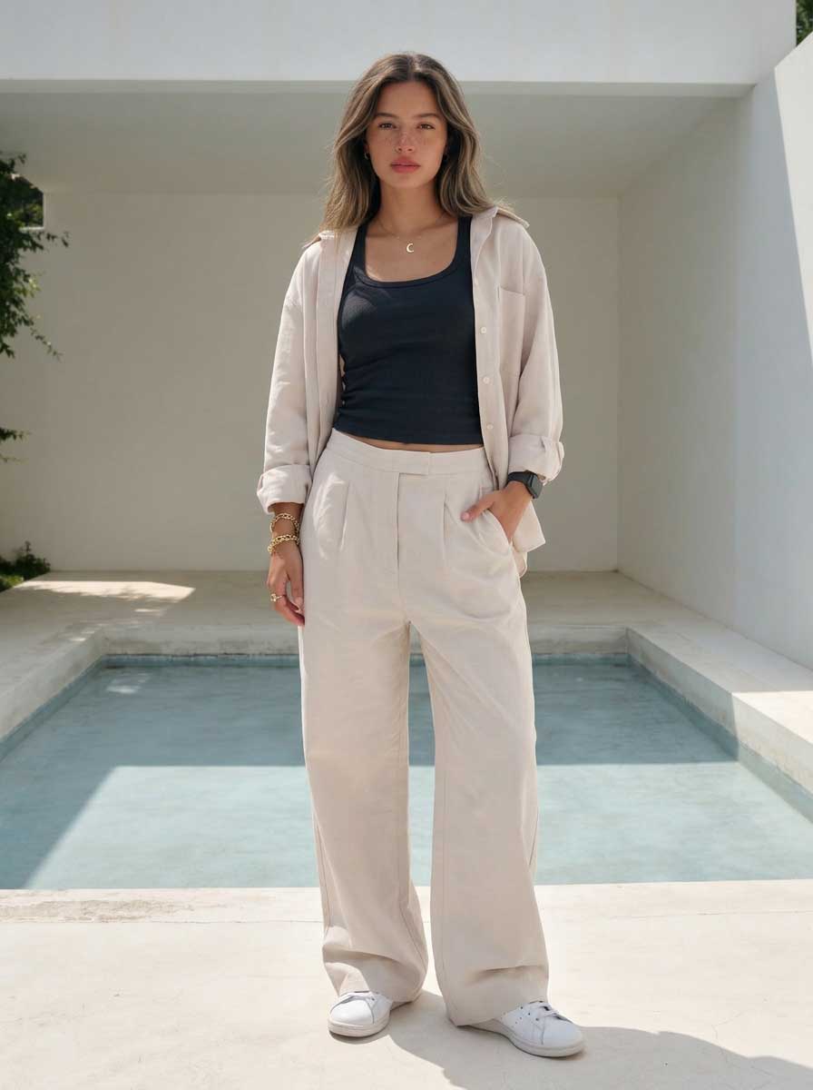 Soft Sand Wide-Leg Trousers – Linen Effect Trousers- summer collection - linen sets CIZARO - Cizaro Jeans