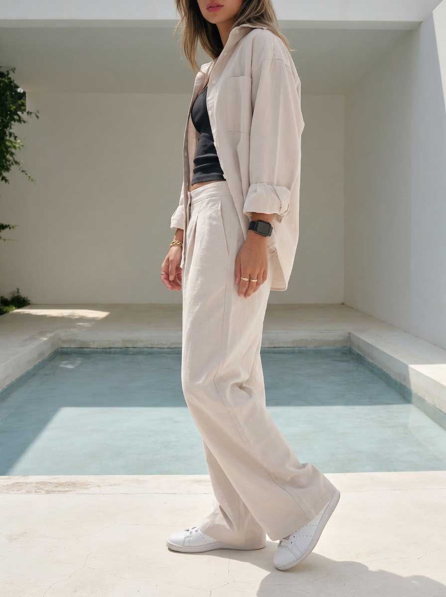 Soft Sand Wide-Leg Trousers – Linen Effect Trousers- summer collection - linen sets CIZARO - Cizaro Jeans