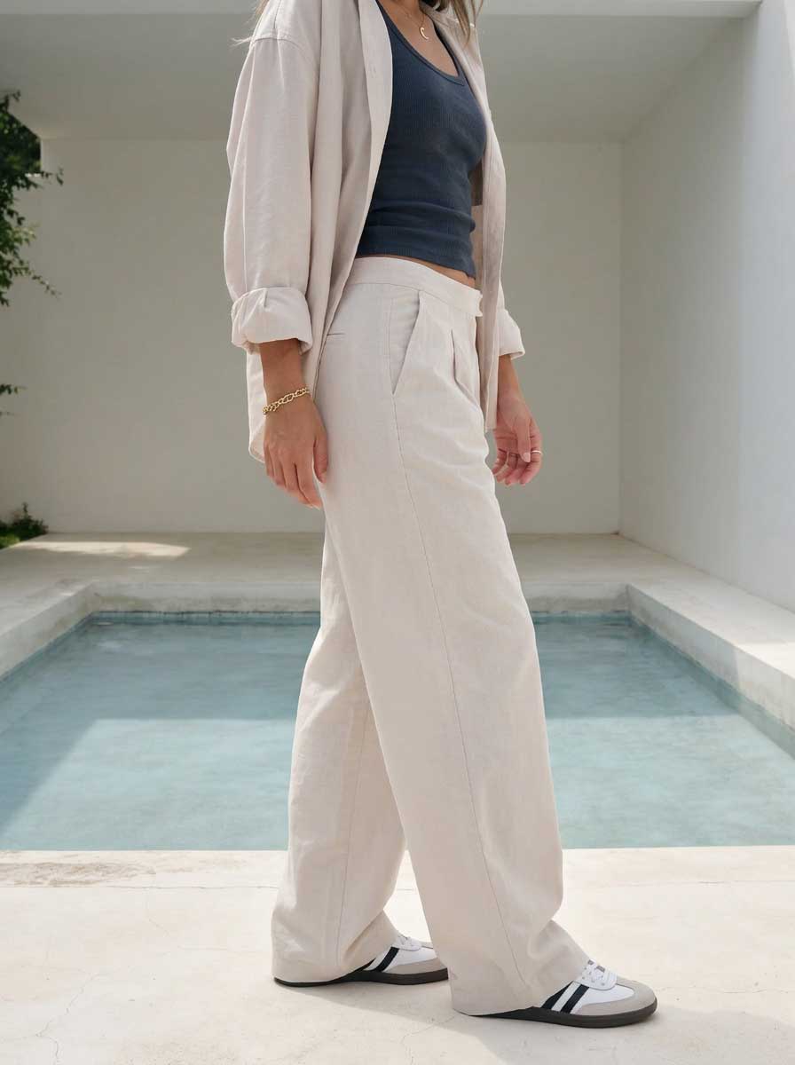 Soft Sand Wide-Leg Trousers – Linen Effect Trousers- summer collection - linen sets CIZARO - Cizaro Jeans