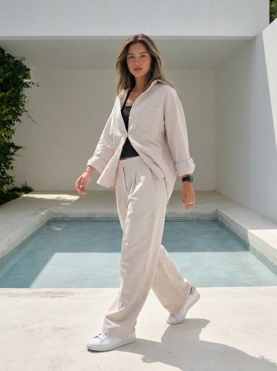 Soft Sand Wide-Leg Trousers – Linen Effect Trousers- summer collection - linen sets CIZARO - Cizaro Jeans