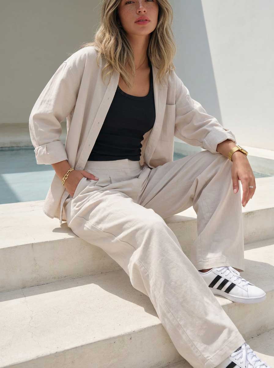 Soft Sand Wide-Leg Trousers – Linen Effect Trousers- summer collection - linen sets CIZARO - Cizaro Jeans