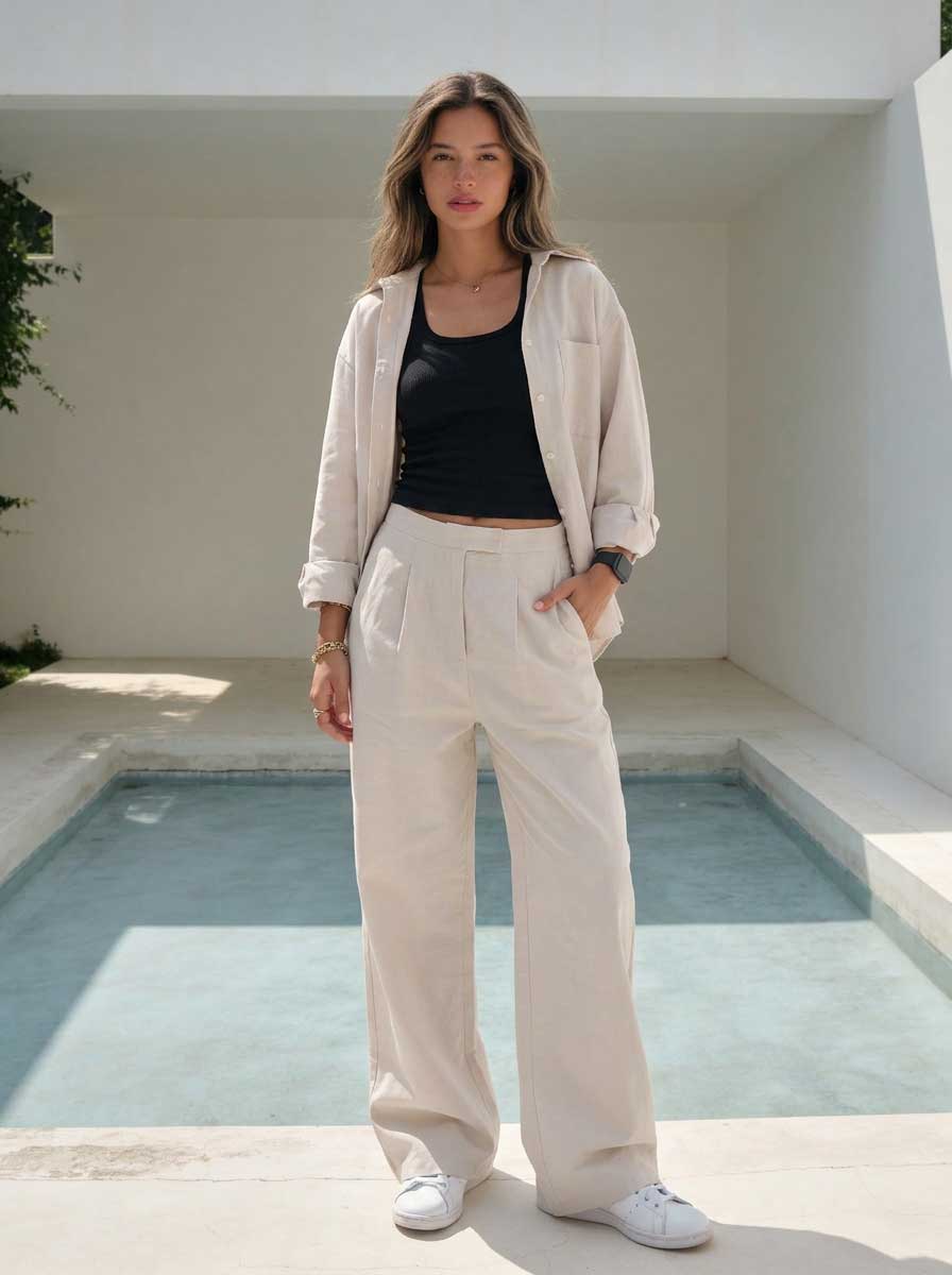 Soft Sand Wide-Leg Trousers – Linen Effect Trousers- summer collection - linen sets CIZARO - Cizaro Jeans