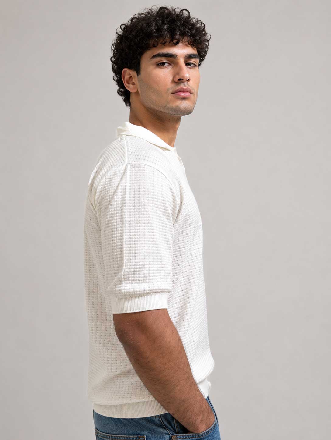 TEXTURED POLO SHIRT – Off White Shirt CIZARO - Cizaro Jeans