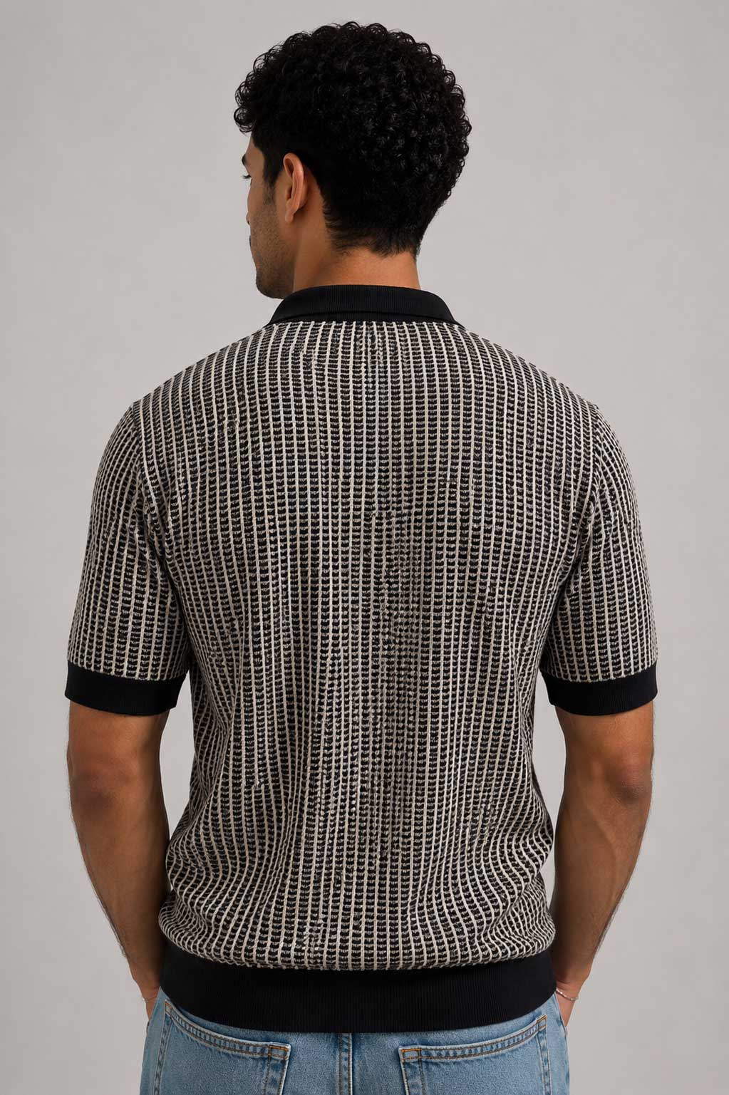 Textured Jacquard Knit Polo – Black Shirt CIZARO - Cizaro Jeans