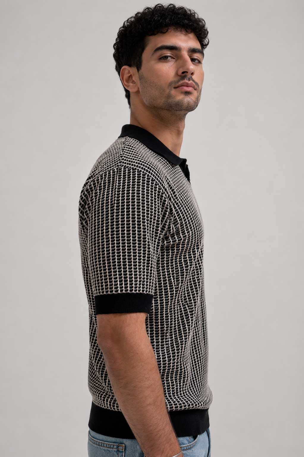 Textured Jacquard Knit Polo – Black Shirt CIZARO - Cizaro Jeans