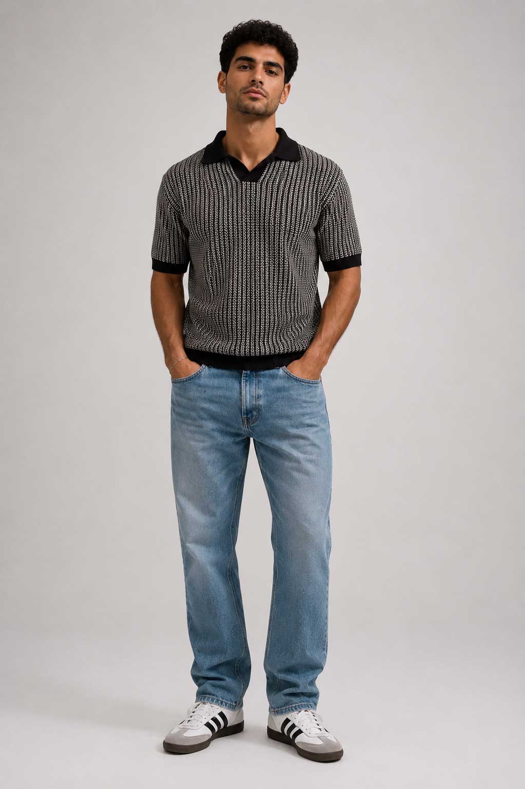 Textured Jacquard Knit Polo – Black Shirt CIZARO - Cizaro Jeans