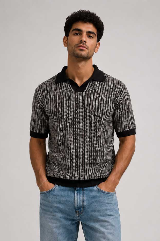 Textured Jacquard Knit Polo – Black Shirt CIZARO - Cizaro Jeans
