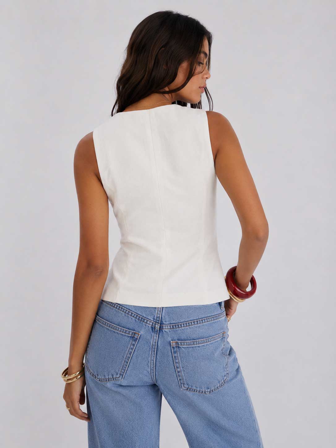 Ecru Button-Down Linen-effect Waistcoat Vest CIZARO - Cizaro Jeans