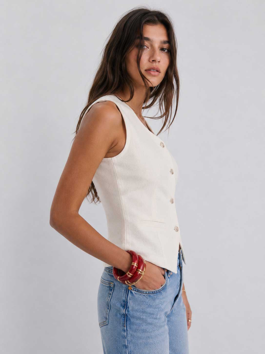 Ecru Button-Down Linen-effect Waistcoat Vest CIZARO - Cizaro Jeans