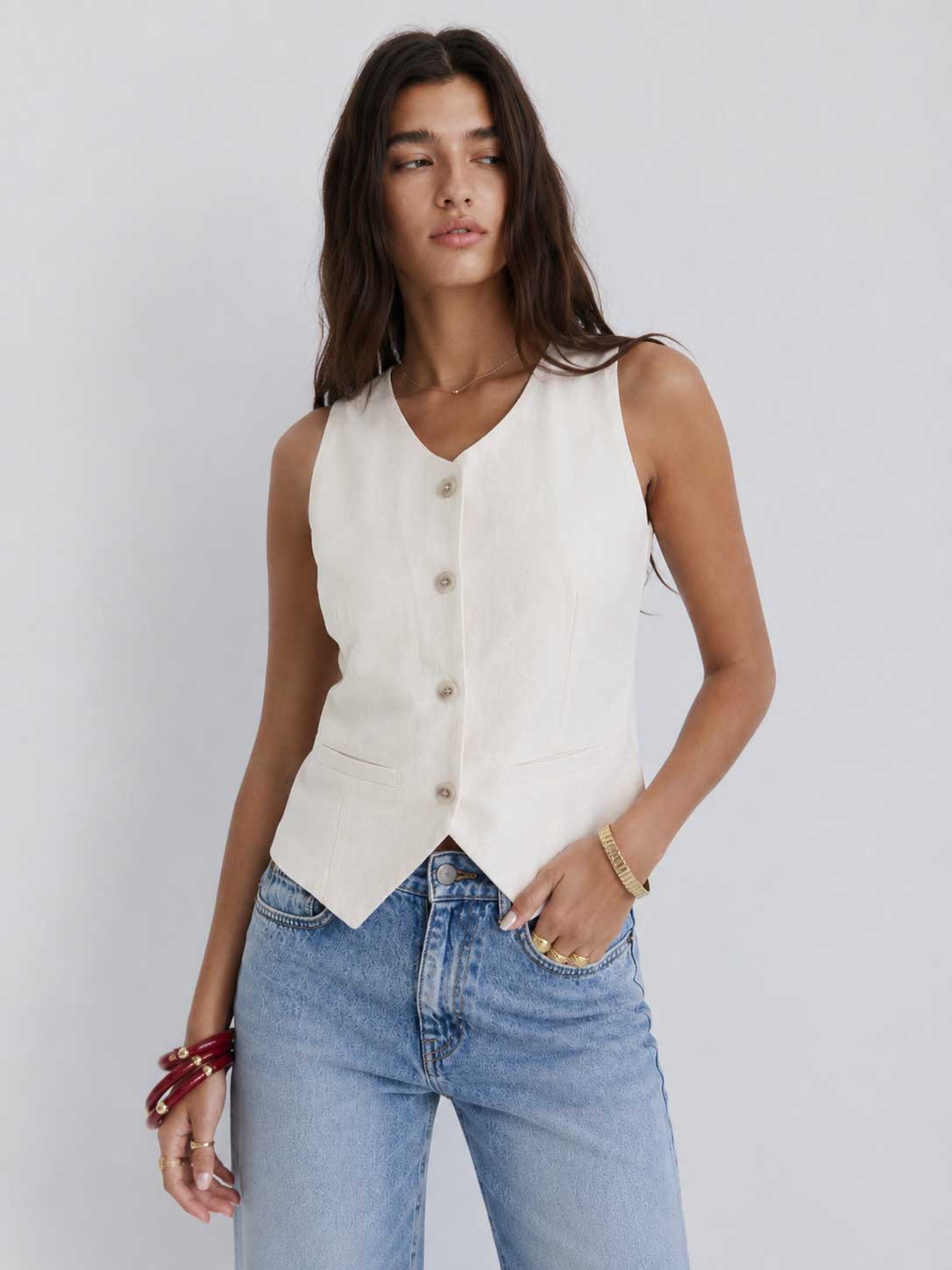 Ecru Button-Down Linen-effect Waistcoat Vest CIZARO - Cizaro Jeans