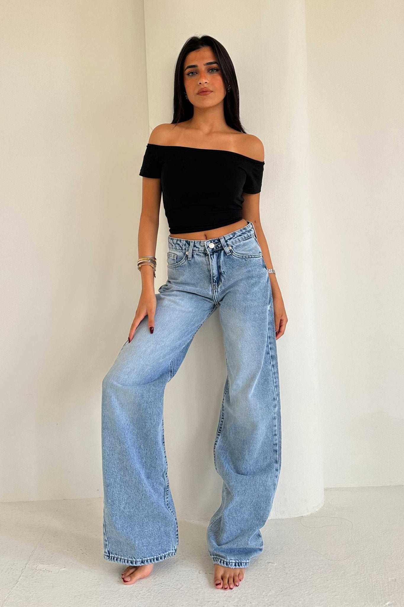 Wide Leg – Mid Rise Bright Blue Jeans Wide-Leg CIZARO - Cizaro Jeans
