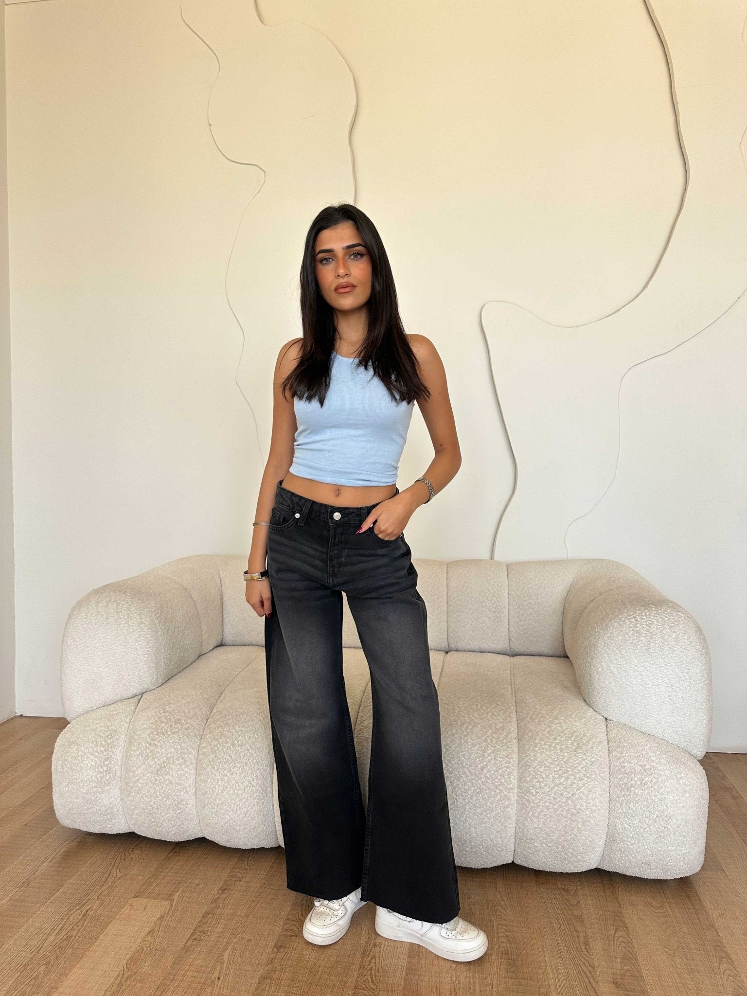 Cropped Wide Leg – Mid Rise Washed Black Jeans Wide-Leg CIZARO - Cizaro Jeans