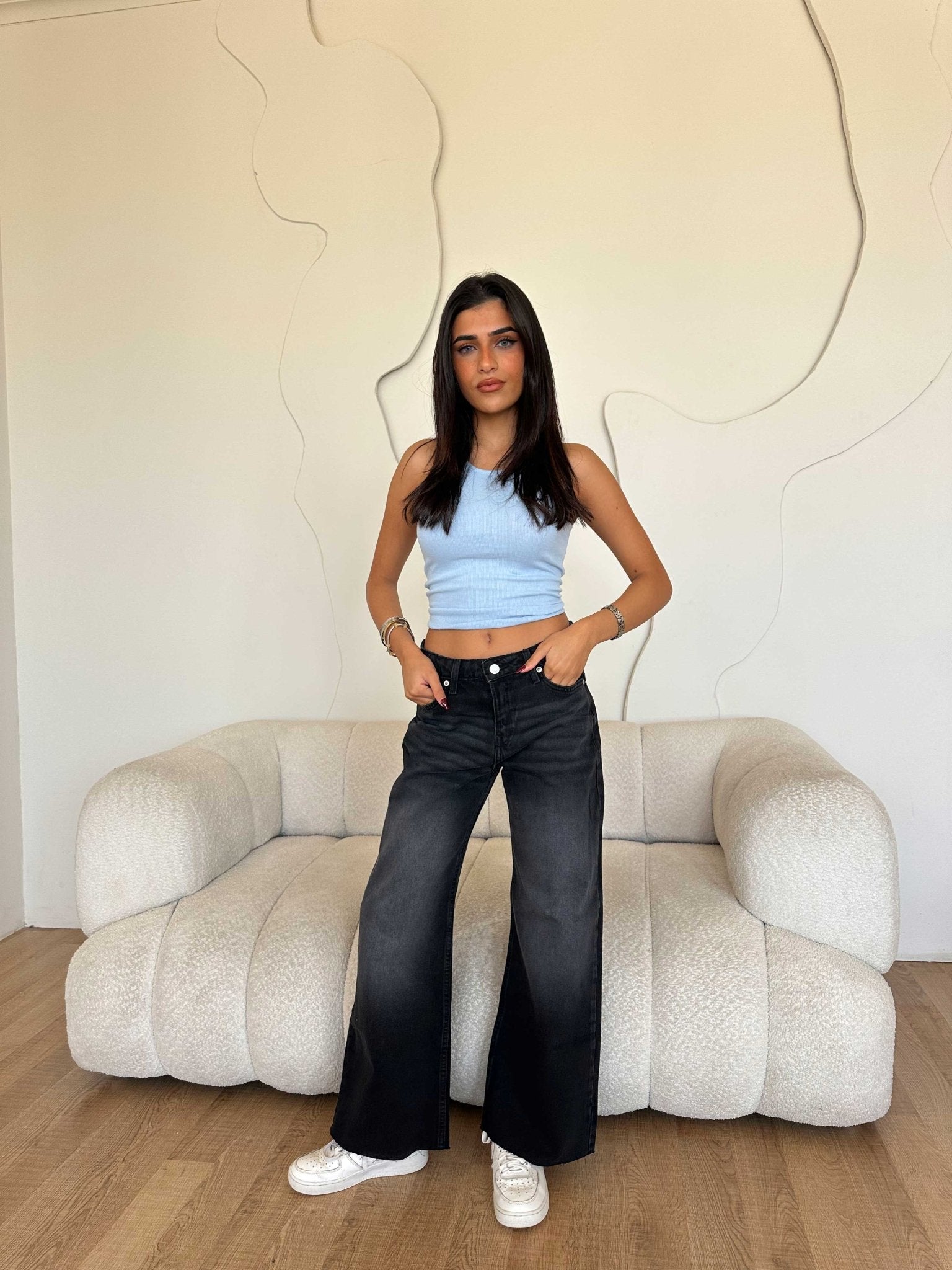 Cropped Wide Leg – Mid Rise Washed Black Jeans Wide-Leg CIZARO - Cizaro Jeans