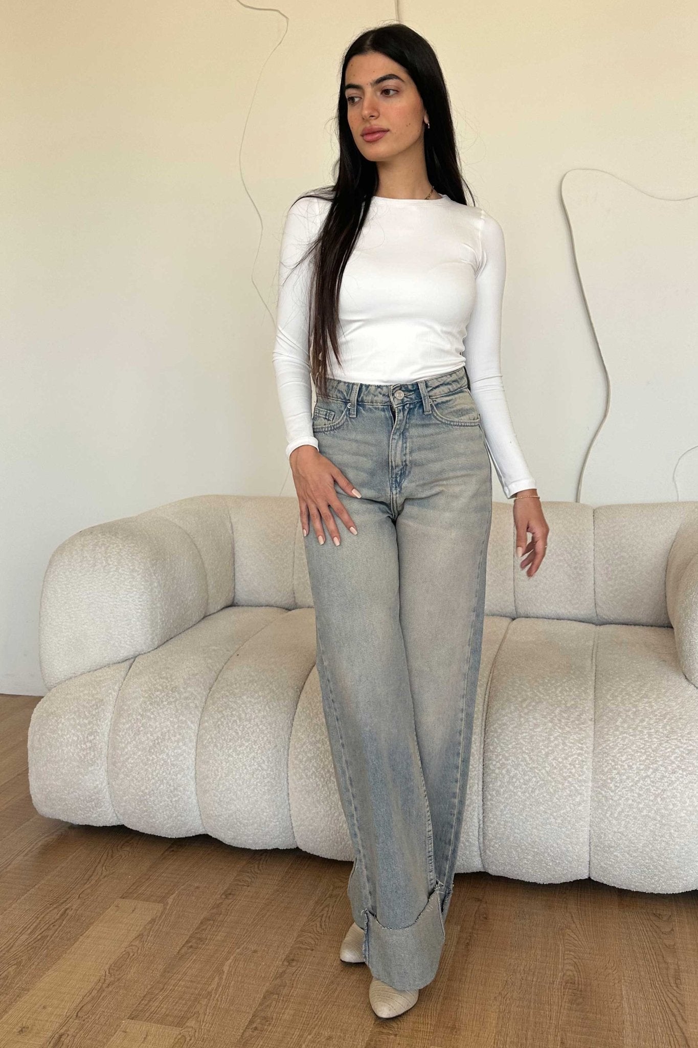 Wide Leg – Mid Rise Raw Hem Turn Up Light Vintage Blue Jeans Wide-Leg CIZARO - Cizaro Jeans