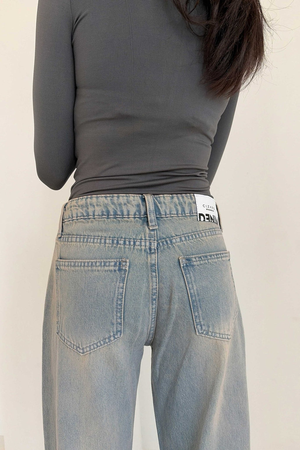 Wide Leg – Mid Rise Raw Hem Turn Up Light Vintage Blue Jeans Wide-Leg CIZARO - Cizaro Jeans