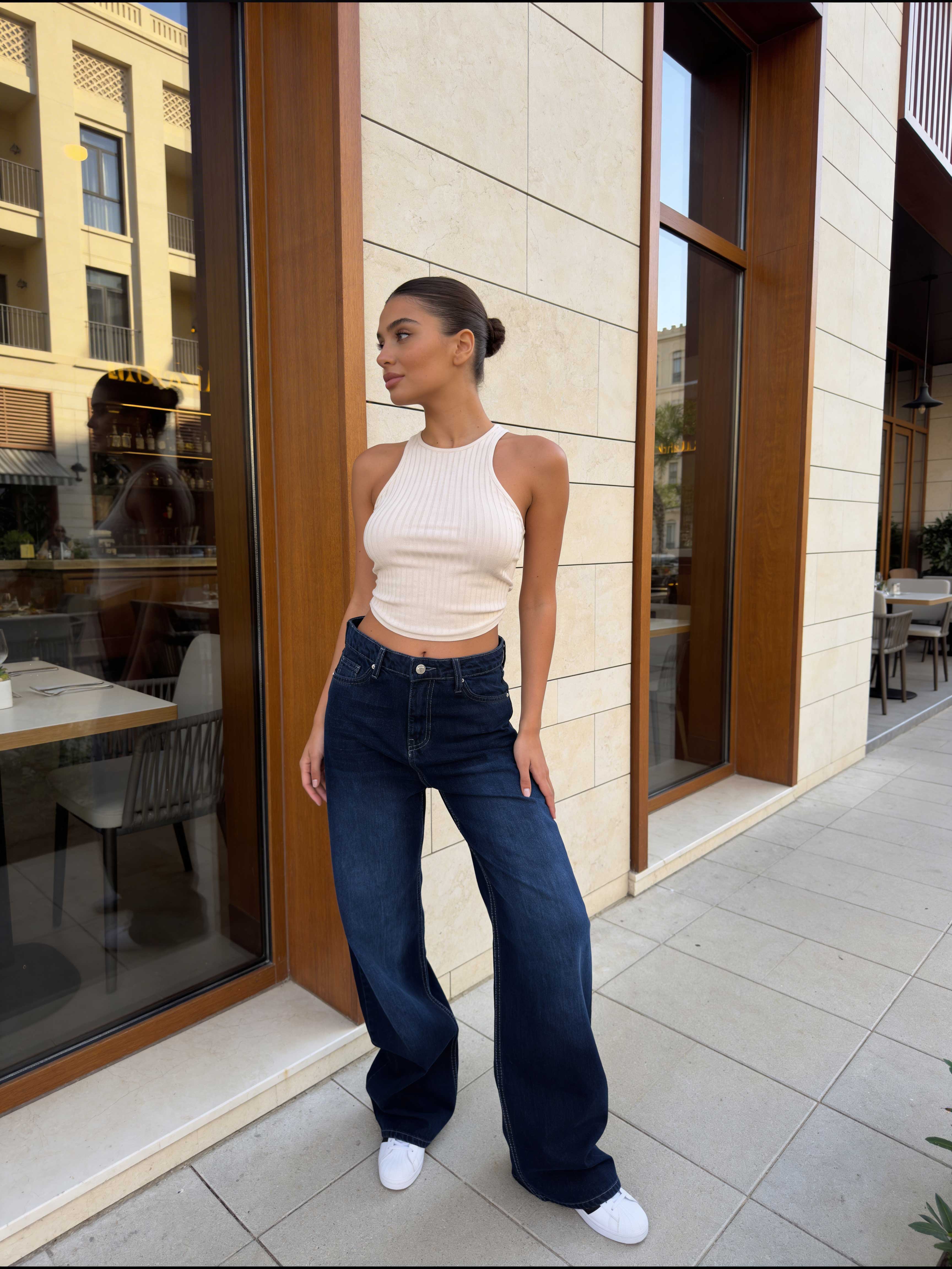 Wide-Leg – High-Waist Navy Blue Jeans Wide Leg CIZARO - Cizaro Jeans