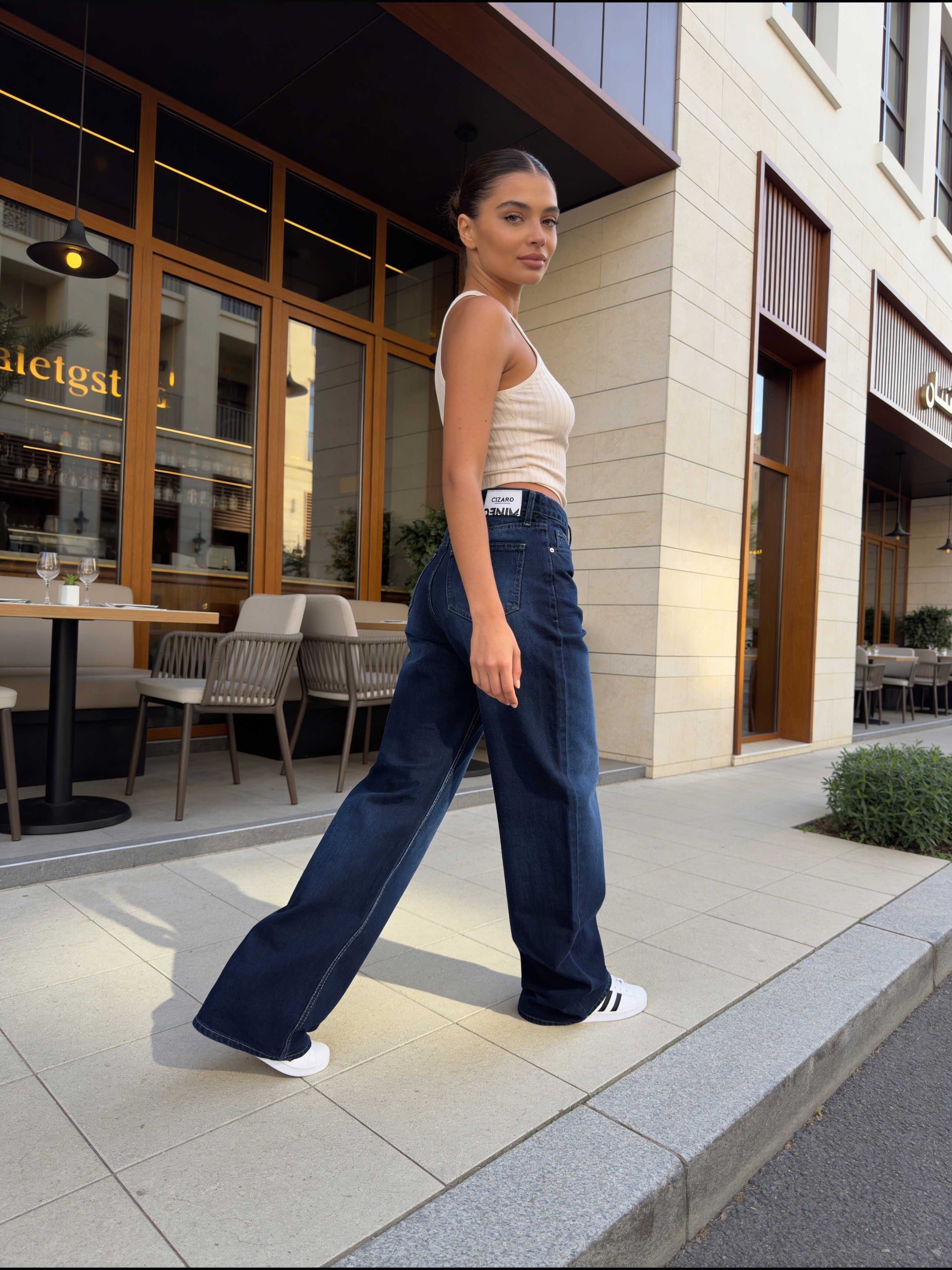 Wide-Leg – High-Waist Navy Blue Jeans Wide-Leg CIZARO - Cizaro Jeans