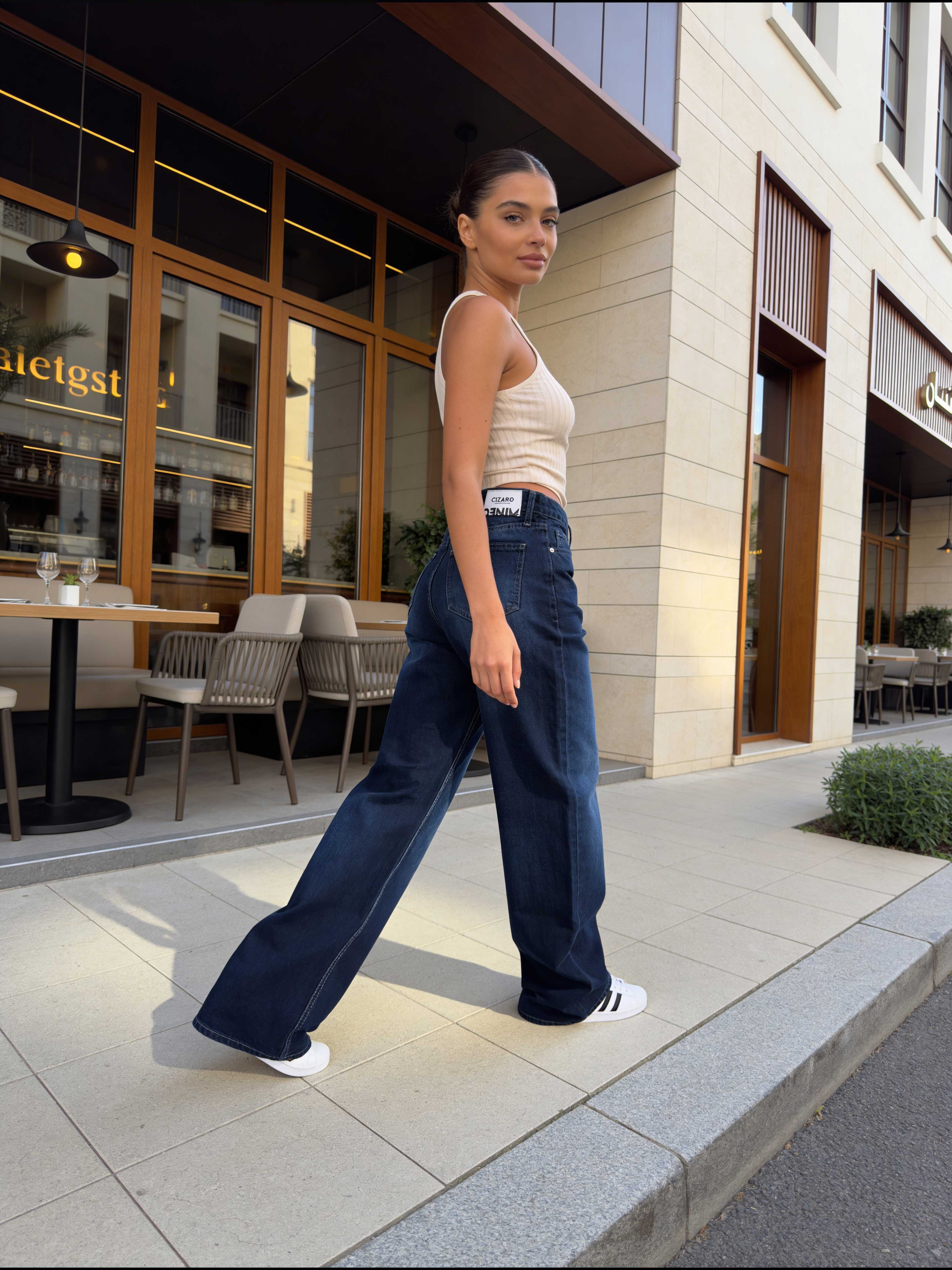 Wide-Leg – High-Waist Navy Blue Jeans Wide Leg CIZARO - Cizaro Jeans