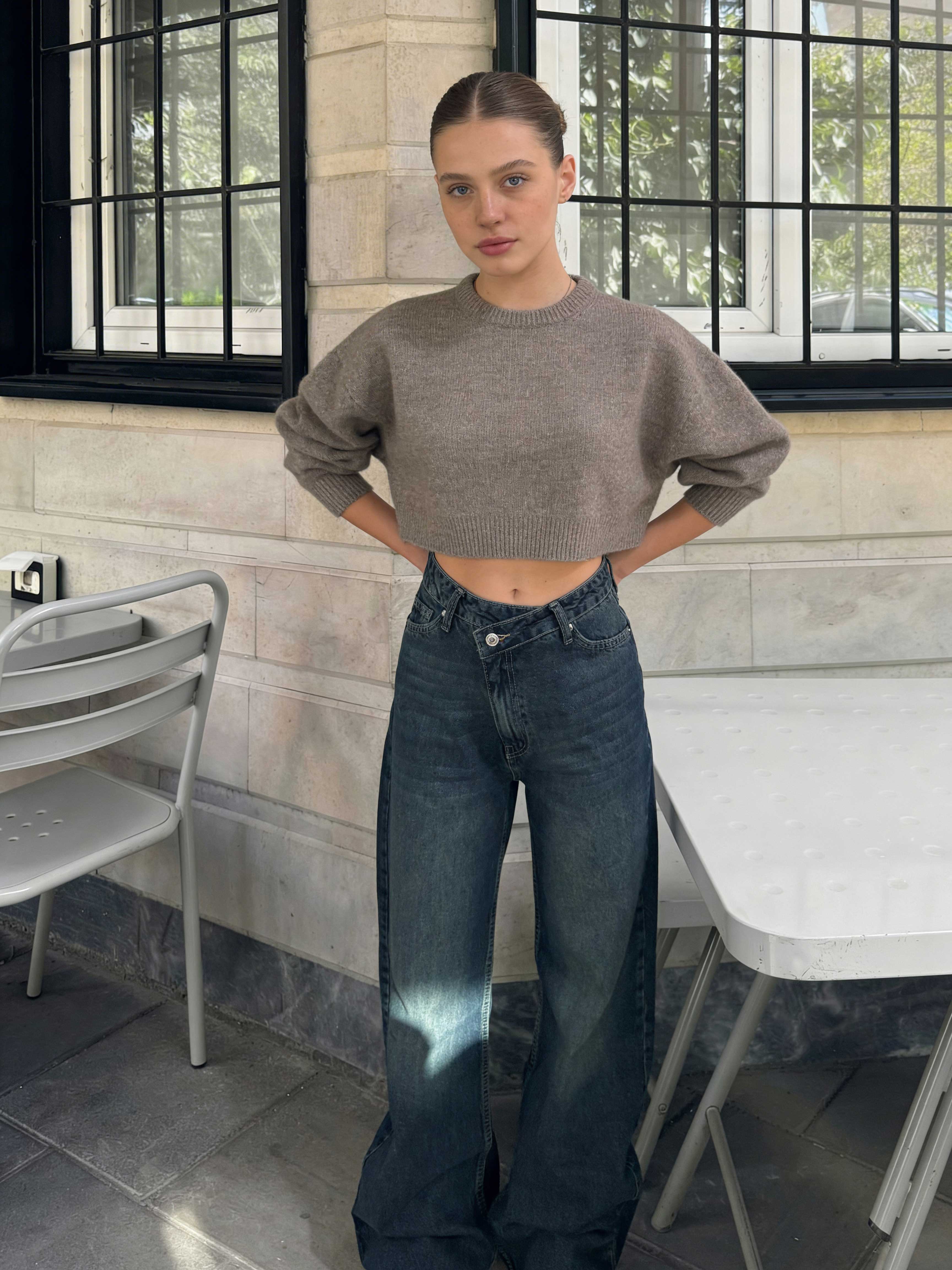 Crossover Wide-Leg – High-Waist Deep Vintage Green Jeans Wide Leg CIZARO - Cizaro Jeans