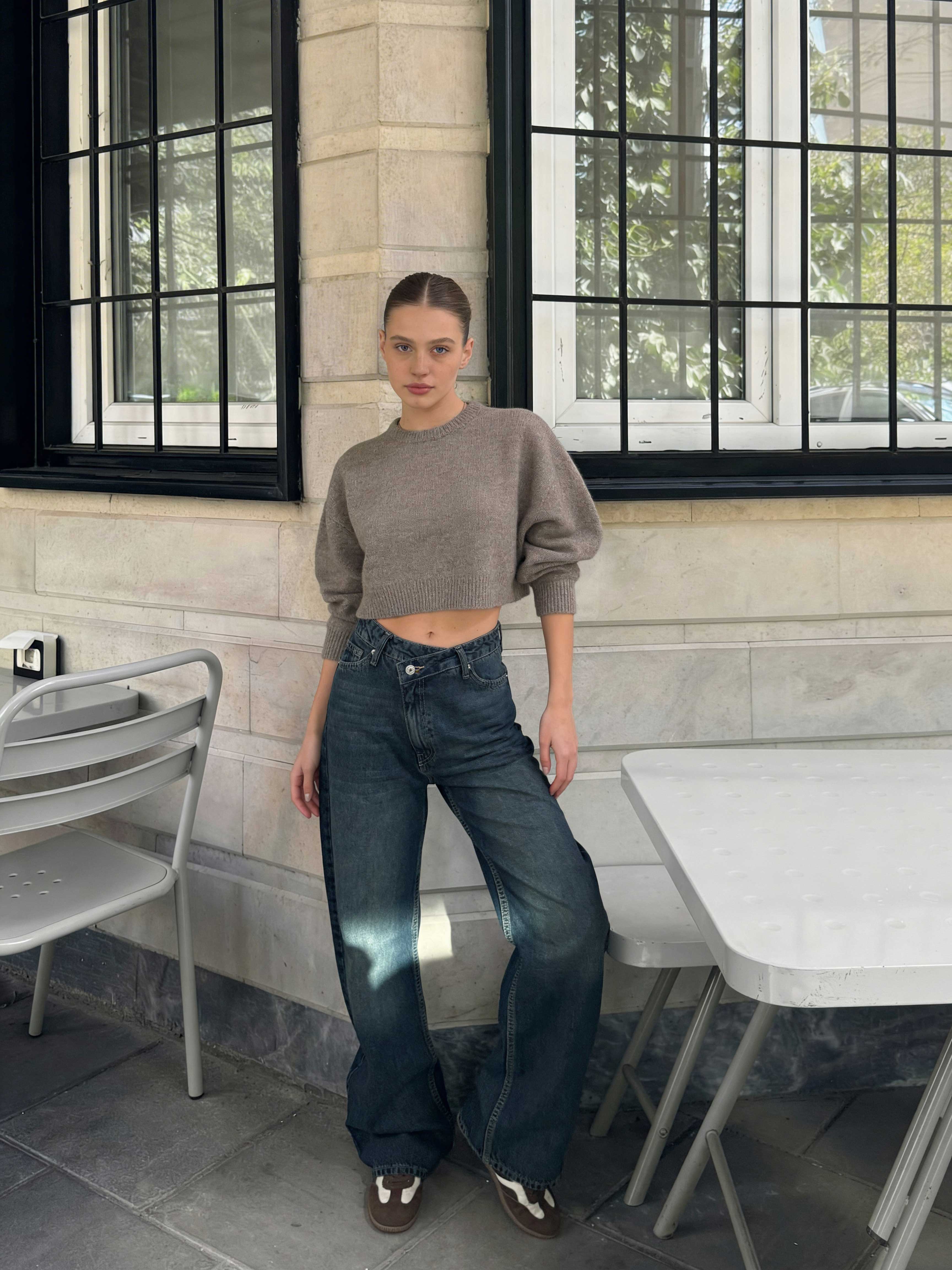 Crossover Wide-Leg – High-Waist Deep Vintage Green Jeans Wide Leg CIZARO - Cizaro Jeans