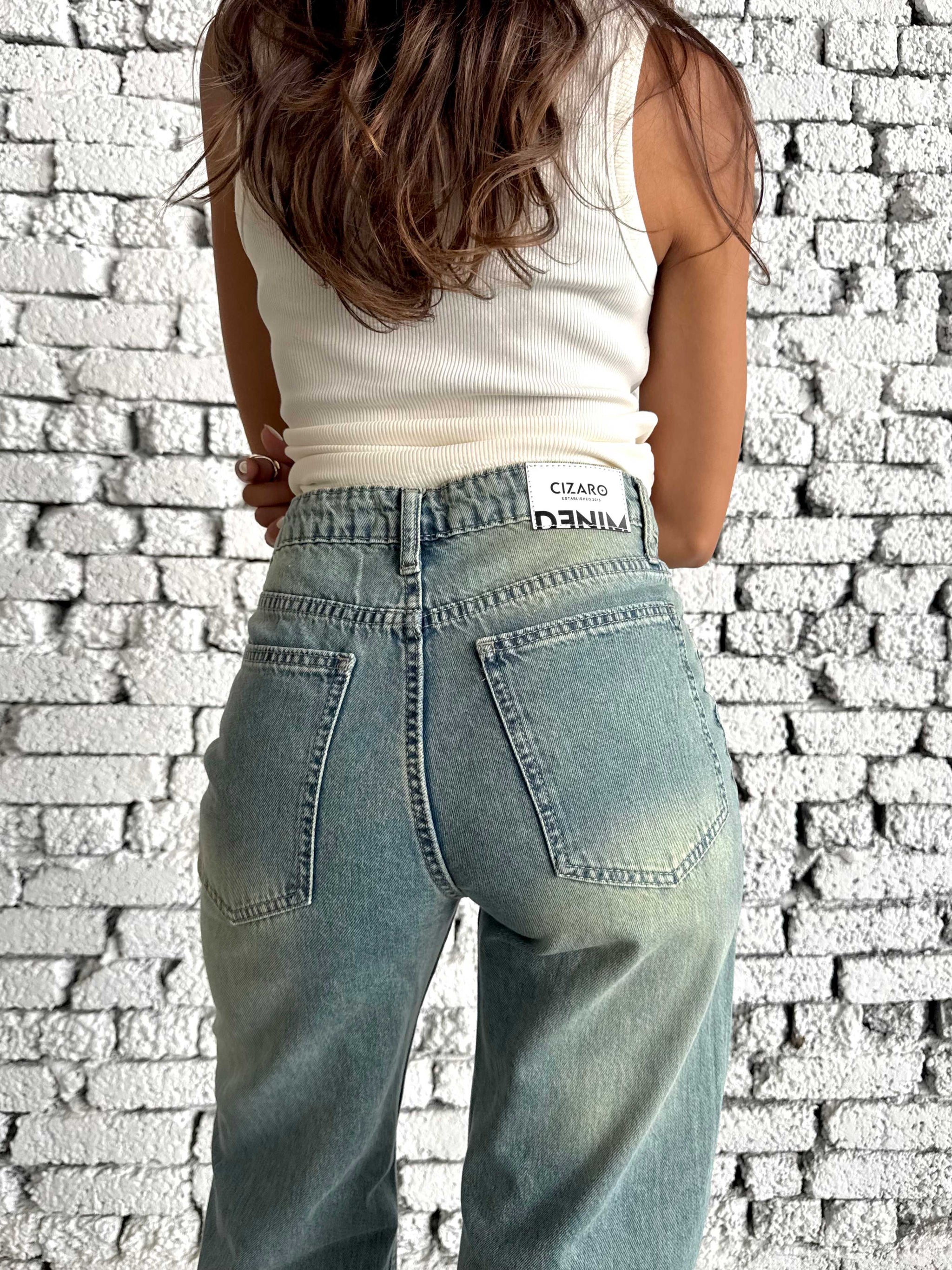 Wide Leg High Waist Raw Hem Turn-Up – Light Vintage Green Jeans Wide-leg CIZARO - Cizaro Jeans