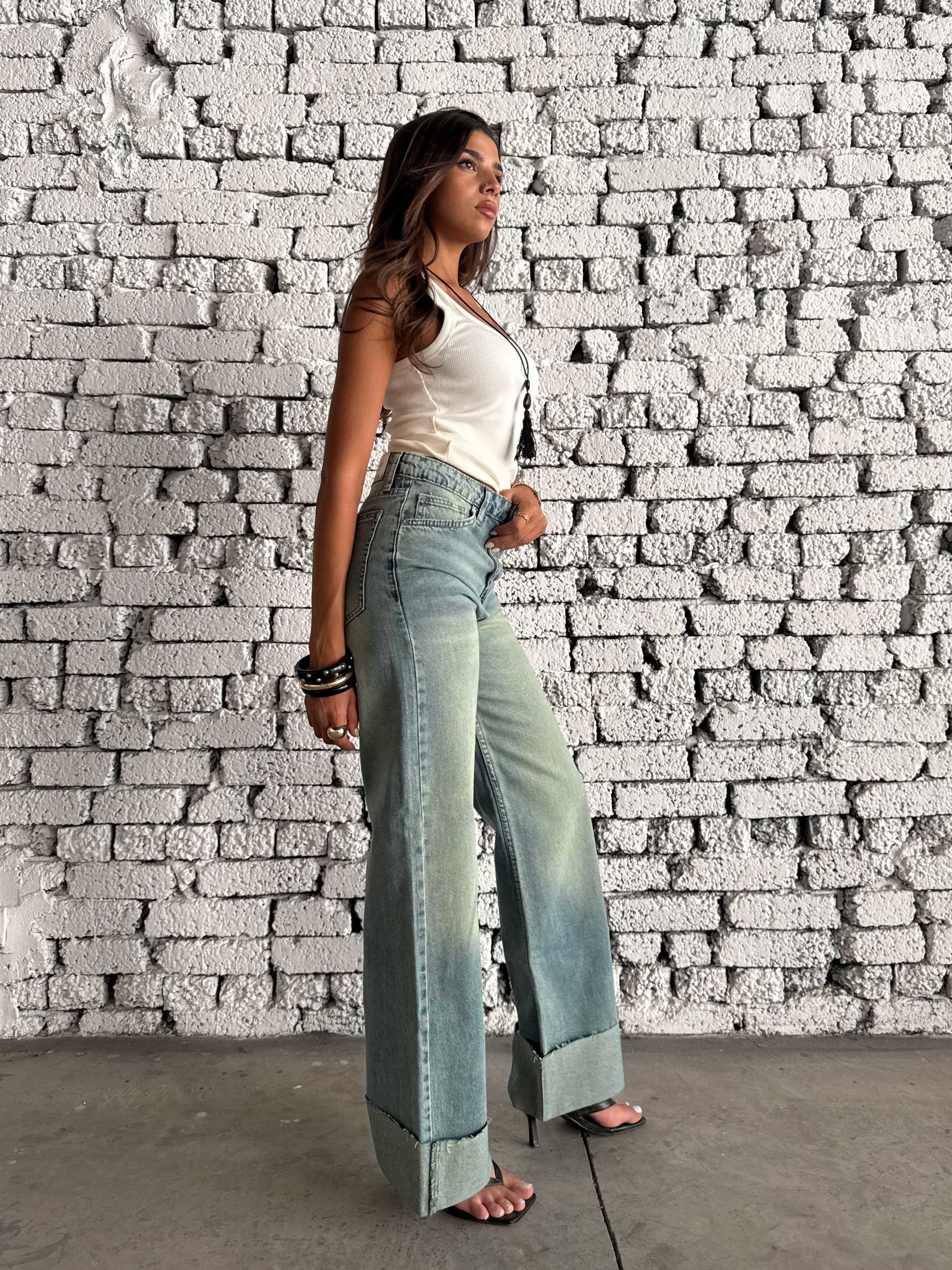 Wide Leg High Waist Raw Hem Turn-Up – Light Vintage Green Jeans Wide-leg CIZARO - Cizaro Jeans