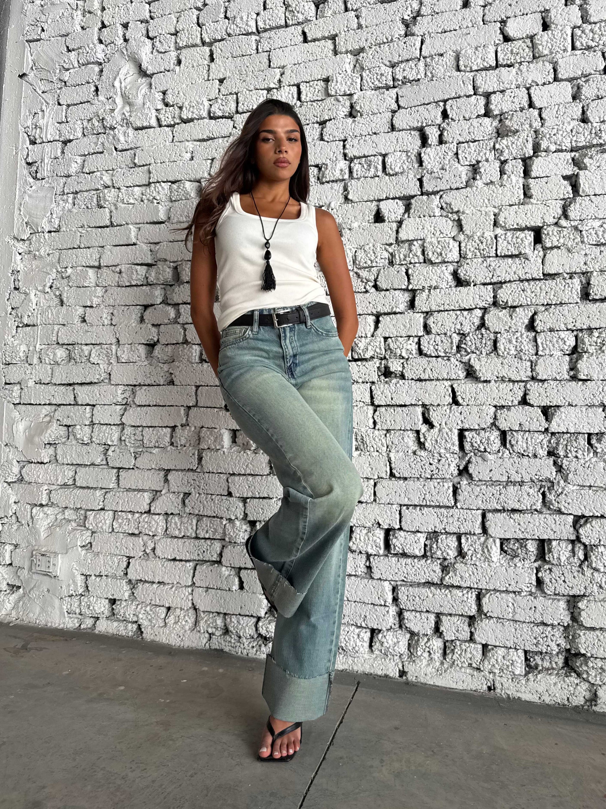 Wide Leg High Waist Raw Hem Turn-Up – Light Vintage Green Jeans Wide-leg CIZARO - Cizaro Jeans