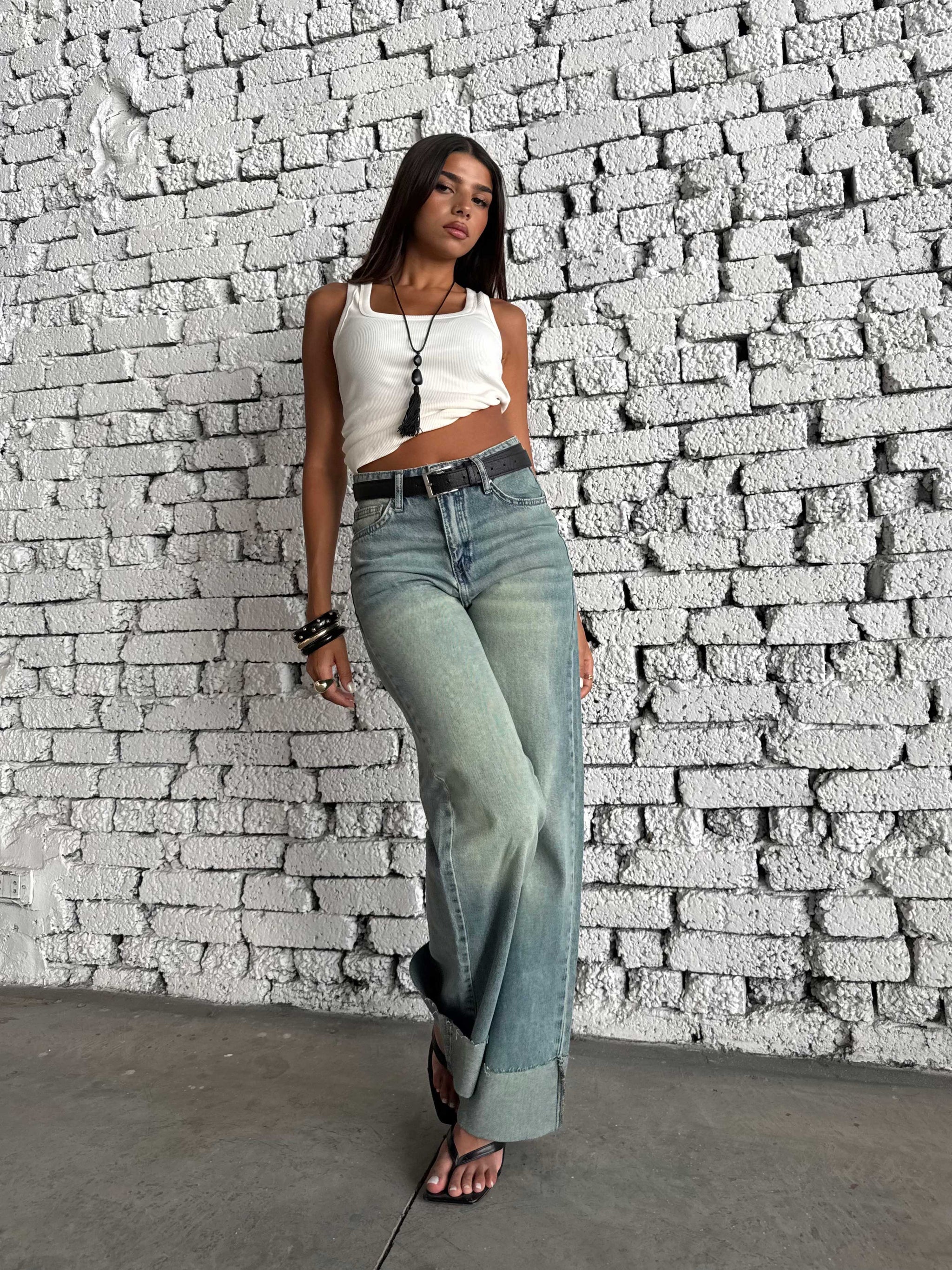 Wide Leg High Waist Raw Hem Turn-Up – Light Vintage Green Jeans Wide-leg CIZARO - Cizaro Jeans